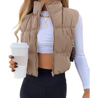 Women's Crop Puffer Vest Winter Zip Up Lightweight Sleeveless Warm Outerwear Padded Coat (khaki, XXL)
