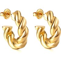 Gold Tone Chunky Twisted Rope C-Shape Hoop Earrings, Textured Stainless Steel Open Hoops