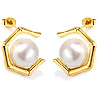 Gold Tone Pentagonal Pearl Stud Earrings, Geometric Stainless Steel Frame with White Pearl