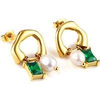Gold Tone Open Hoop Earrings with Emerald Green CZ and Pearl, Geometric Dangle Studs