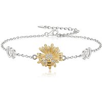 Ever Faith Cubic Zirconia Sunflower Honeybee Bracelet with Interlocking Heart Charm and Adjustable Link Jewelry