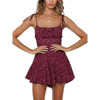 Women's Summer Dress Floral Sleeveless Beach Dress Vintage Mini Dress Coverall Playsuit (red, M)