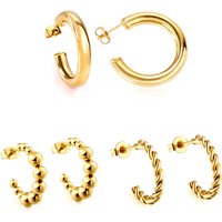 18K PVD Gold Stainless Steel Chunky C-Shape Hoop Earrings, Hollow Geometric Open Hoop Jewelry Set