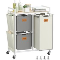 Ochama 100 L Rolling Laundry Sorter with 3 Compartments, Shelves, Removable Liners & 6 Labels – Natural Beige, Dove Grey & Cream White, 68.6x33x81cm