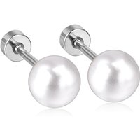 Large White Pearl Screw Back Earrings - 7/8mm Stainless Steel Silver Tone Studs, Hypoallergenic Everyday Jewelry