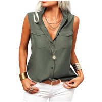 Women's Solid Lapel Sleeveless Tank Tops Summer Button Down Shirts Office Ladies Shirts (militarygreen, S)