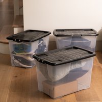 Strata Curve Storage Box & Lid 65L Clear/Black - Pack of 3