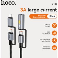 HOCO U138 All-in-one Cable - USB-C/ Lightning to USB-C with Cigarette Lighter - Black