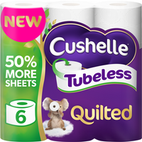 Cushelle Quilted Tubeless Toilet Tissue, 3-Ply, 6 Rolls, 50% More Sheets