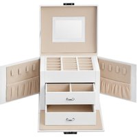 Ochama Travel Jewellery Storage Case with Mirror, 2 Drawers, Lockable, Gift Idea, White