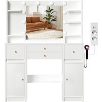 GTIMEX kaptafel met LED-verlichting, uitgerust met een grote HD-spiegel (met stopcontact en USB-poort, 10 open opbergvakken, 4 lades, 2 kasten, 5 sieradenhaken, 10 LED-lampen, 3 lichtkleuren), afmetingen: 108 × 40 × 144 cm. stille rails, anti-kantelconstructie