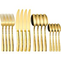 Fangyuan 16-delig bestekset Gouden RVS met mes, vork, lepel, hoogwaardig RVS bestek, vaatwasmachinebestendig keukenset textuur