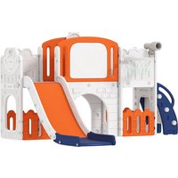331-088V00OG AIYAPLAY 7 in 1 Toddler Slide Set with Basketball Hoop, Outdoor & Indoor Frog Theme Playset with Climbing Frame, Telescope, Drawing Board, Storage Box for Toddlers Ages 1-3, Orange