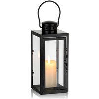 Black Lanterns Decorative Indoor: 9.5 inch Hanging Wedding Hurricane Lantern with Clear Glass Farmhouse Candle Holder for Living Room Front Porch Table Mantle Garden Wall Decorations