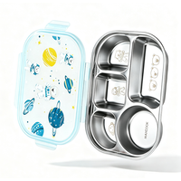 Maxcook 316 roestvrijstalen 5-vaks gescheiden bento box, voedselcontainer met vakken met ruimte astronautpatroon deksel, draagbare lunchcontainer voor kantoor picknick MCWA5567