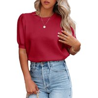 Women's Puff Short Sleeve Sweaters Pullover Shirt Tops Crew Neck Lightweight Knit Sweater Blouses (brickred, XL)