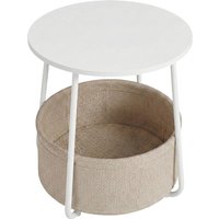 Ochama Round Modern Side Table with Fabric Basket –45x45x51cm, Matte White & Camel Brown, Compact End Table for Living Room or Bedroom – Stylish & Storage-Friendly