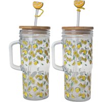 2-Pack Lemon Print Glass Tumblers, 750ml Cups with Wooden Lid & Lemon Straw, Insulated Drinking Glasses with Handle for Iced Beverages