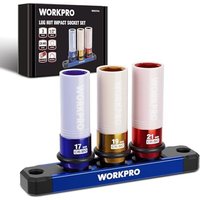 WORKPRO 1/2" Drive Impact Socket Set for Lug Nuts, 3-Piece 17mm 19mm 21mm Protective Wheel Nut Sockets with Rail, Cr-Mo Steel Non-Marring Wheel Socket Set for Car & Tire Repair