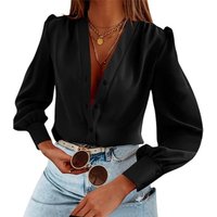 Women's Business Casual Tops Summer Long Sleeve Silk Button Down Shirts V Neck Chiffon Blouses (black, M)