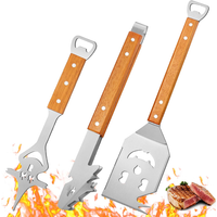 Huacan Stainless steel barbecue tool set, wooden handle fork shovel clip combination set, 3-piece set