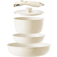 Redchef 5-delige keramische coating pannenset, buitenkant wit & binnenkant lichtkoffiekleurig, inclusief 20 cm steelpan met deksel & 20 cm/26 cm koekenpannen & afneembare handgreep, PTFE/PFOA/PFAS-vrij, vaatwasmachinebestendig