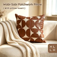 XLLX 1PC 45x45cm (18x18”) Square Throw Pillow with Insert, Modern Mid-Century Style, Brown Half Circle Geometric PU Leather Patchwork, Decorative Cushion for Living Room, Sofa & Bed
