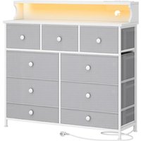 HaluPeit Chest of Drawers Bedroom, 9 Fabirc Chest of Drawers with 2 Sockets, 2 USB Ports and LED Strips, Bedroom Storage Drawers with Wood Top and Steel Frame for Bedroom Living Room, Grey