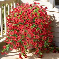 4Pcs 28.7in/72.8cm Artificial Hanging Flowers for Outdoors Fake Plants Decoration,Faux Silk Colorful Daisy Eucalyptus Realistic for Outside Home Planter Porch Patio Yard Decor(red)