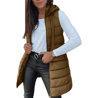 Women Long Vest Solid Color Sleeveless Hood Winter Puffer Vest Outwear (Khaki, M)