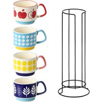  Set of rack and 4 Ceramic Mugs with Fun Patterns, 300ml Colorful Coffee Cups (Apple, Dots, Leaf, Stripe)