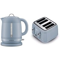 Kenwood Dawn Kettle and 4-Slice Toaster Bundle, 1.7L, 3000W Rapid Boil, Pull-Off Lid, 360° Swivel Cordless Base, Textured,Wide Slots, High-Lift Eject, Cord Storage, Stone Blue - ZJP09.000BL, TFP09.000BL