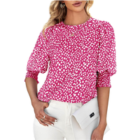 Women's Polka Dot 3/4 Sleeve Blouse Tops Ladies Casual Office Work Crew Neck T-Shirt (Pink, M)