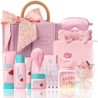 QUIYUM Watermelon Skincare Set (12pcs): Includes Cleanser 100g, Toner 160ml, Serum 2ml×10, Eye Cream 20g, Cream 50g, plus Nail Stickers, Makeup Case, Makeup Bag, Headband, Eye Mask, Soap Flower, and Cleansing Brush.