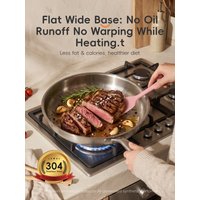 PURECOOK Tri‑Ply 304 Stainless Steel Large Frying Pan nontoxic durable fast‑even‑heat flared‑rim satin‑finish kitchen cookware household skillet no lid Oven‑Safe 220℉ All‑Cooktops‑Compatible 28cm 11Inch Silver Single‑Piece