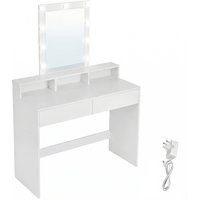 Ochama Dressing Table, LED Lights with Adjustable Brightness, Vanity Table with Mirror, 2 Drawers and 3 Compartments, Makeup Table, Modern, White
