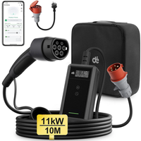 dé EV-oplader 11 kW 10 m met app 3-fasen 6 A - 16 A stroomaanpassing elektrische voertuigoplader met schuko-adapter voor model Y/3, ID.3/4, EX30 en andere EV's/PHEV's, zwart