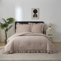 Meeallhome vintage 3-delige beddengoedset met dekbed met ruches, inclusief dekbed 200 × 220 cm + 2 kussenslopen van 80 × 80 cm, kaki