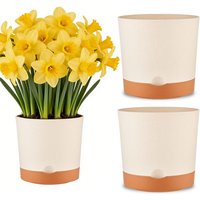 MADLAND 3 Self-Watering Plant Pots, 16.5cm Diameter, Beige Resin Flower Pots with Bottom Trays, Deep Water Storage Reservoir, Clean and Mess-Free Small Planting Pots, Suitable for Herbs, Succulents, Pothos, Windowsills and Gardens