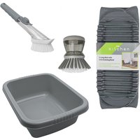 JVL Grey Washing Up Bowl, Sesha Dish Drying Rack Mat & Soap Dispensing Brush Bundle