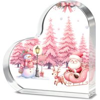 Alphynix 1pc Heart Shaped Acrylic Plaque, Christmas Decor with "Merry Christmas" Sign, Pink Santa Sled and Snowman Design, Festive Tabletop Decoration for Holiday Season, Christmas Gift for Family and Friends