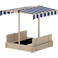 343-029 Outsunny Kids Wooden Sand Pit with Lids, Children Sandbox Height Adjustable Canopy for Garden, Convertible Bench Outdoor Garden Playset, Blue and White Canopy