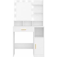 HaluPeit Dressing Table with Mirror and 10 Bulb Lights, Vanity Table, Makeup Vanity with 3 Shelves & 4 Open Compartments, Large Drawer & Cabinet, Adjustable Lighting Brightness, White