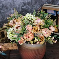 2Pcs 12.48in/31.69cm Artificial Flowers, Artificial Peony Silk Flowers Fake Hydrangea Bouquet Deep Blue Flowers Tropical Fern Leaves Wedding Table Centerpiece for Home Party Decoration(Dusty Yellow)