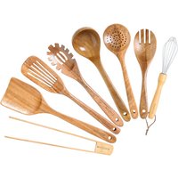Maxcook 8pcs Teak Wooden Kitchen Utensils Set - Natural Acacia Wood Non-stick Spatula Cooking Spoons,Lightweight, Convenient, Easy to Wash Cooking Utensil set Wood Whisk MCCU2358