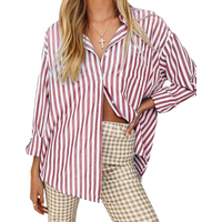 Women's Blouses Striped Long Sleeve Shirts Button Down Loose fit Casual Tops (red, XL)