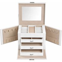 Ochama 4-Tier Jewellery Box, Lockable Jewellery Organiser with Handle, 3 Drawers, Travel Jewellery Case with Mirror, Jewellery Storage, Modern Style, Gift for Loved Ones, Classic White