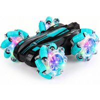 Remote Control RC Stunt Drift Car 17.3cm, 4WD Double Sided Flip Offroad Vehicle with 9cm LED Light Wheels, 360° Lateral Drift Shockproof Remote Control Toy Car for Kids Indoor Outdoor Gift One piece in green.