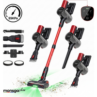 monsga M100 rode draadloze steelstofzuiger, 55000 Pa, 45 min, stofzuiger voor thuis, aanraakdisplay, groen licht onthult stof, anti-klit zelfstaande steelstofzuiger, oplaadbare draadloze stofzuiger voor huisdierhaar/tapijt, 60 cm l x 35 cm b x 43 cm h, 1 stuk
