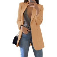 Women's Casual Blazers Open Front Long Sleeve Lapel Collar Work Office Jacket (Khaki, XL)